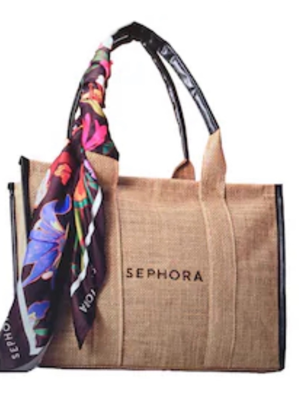 🆕💄 Sephora Natural Jute Tote Bag with Floral Scarf raffia